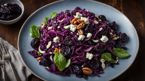 Red cabbage salad with citrus fruits  blue cheese  nuts and California prunes.