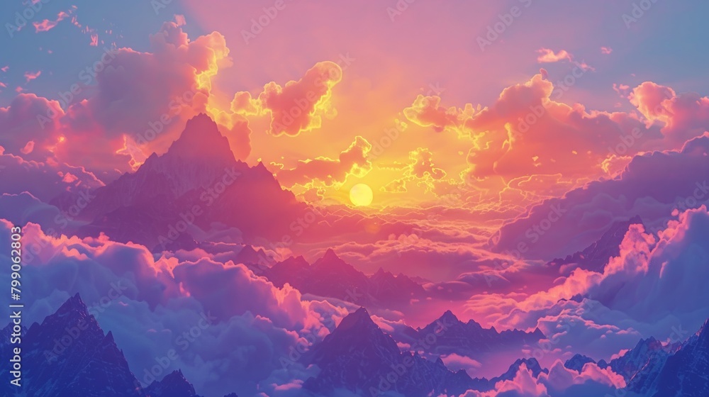 A breathtaking 3D illustration of a sunrise over a mountain range, painting the sky with hues of orange, pink, and purple  ,3D style