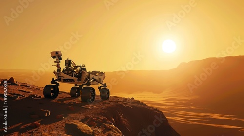 Paysage surface planète Mars avec un rover martien se déplaçant au lever du soleil. © David Giraud