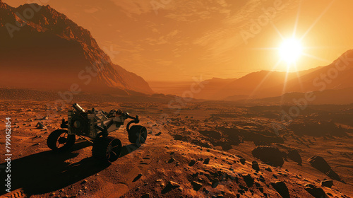 Paysage surface planète Mars avec un rover martien se déplaçant au lever du soleil.