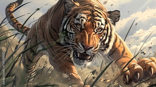 A tiger is running through a tall grass field. © weerasak