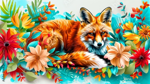 A watercolor painting of a red fox lying in a field of flowers. The fox is looking at the viewer with a curious expression.