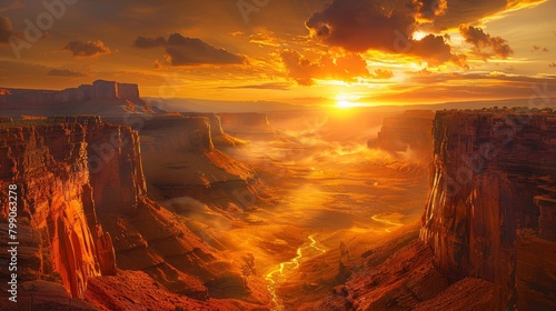 Craft an image depicting a desert canyon bathed in the golden light of the setting sun