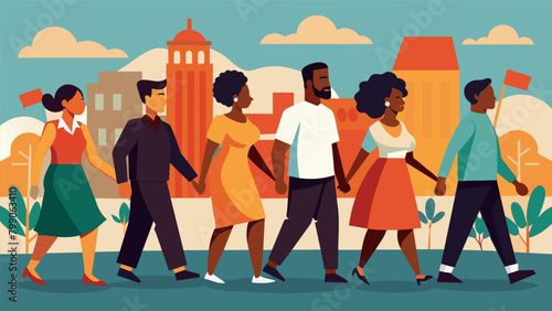 A group of individuals holding hands while walking down a street adorned with paintings and murals depicting pivotal moments in African American. Vector illustration