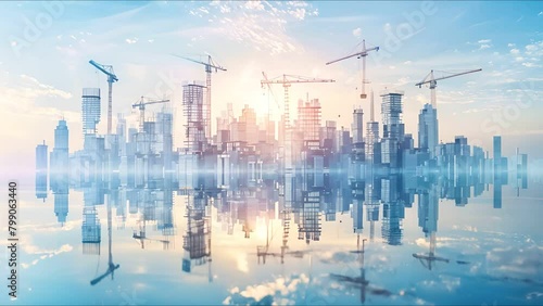 Long view of a city skyline under construction, with cranes and developing buildings in 3D illustration photo