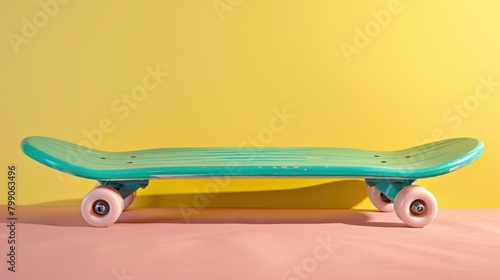 A digital illustration of a colorful skateboard on a vivid yellow background, capturing a dynamic skate culture vibe.