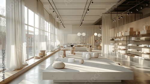 A tastefully curated interior design showroom with a minimalist aesthetic, soft lighting, and neutral tones.