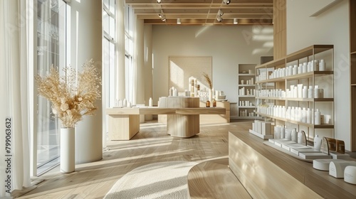 A tastefully curated interior design showroom with a minimalist aesthetic, soft lighting, and neutral tones. photo