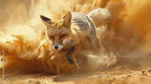 Craft an image depicting a desert fox darting through a cloud of dust