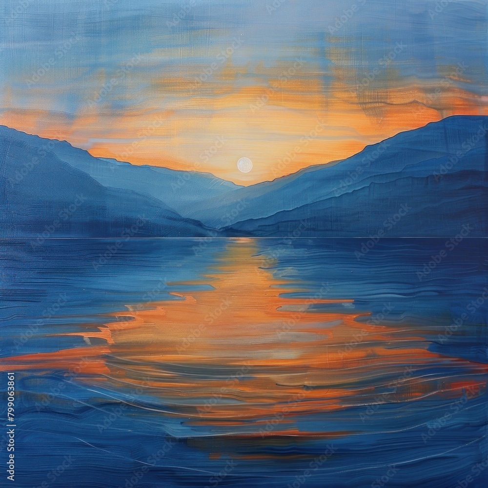 An oil painting depicting a tranquil sunset with orange hues reflecting on a mountainous lake scene.