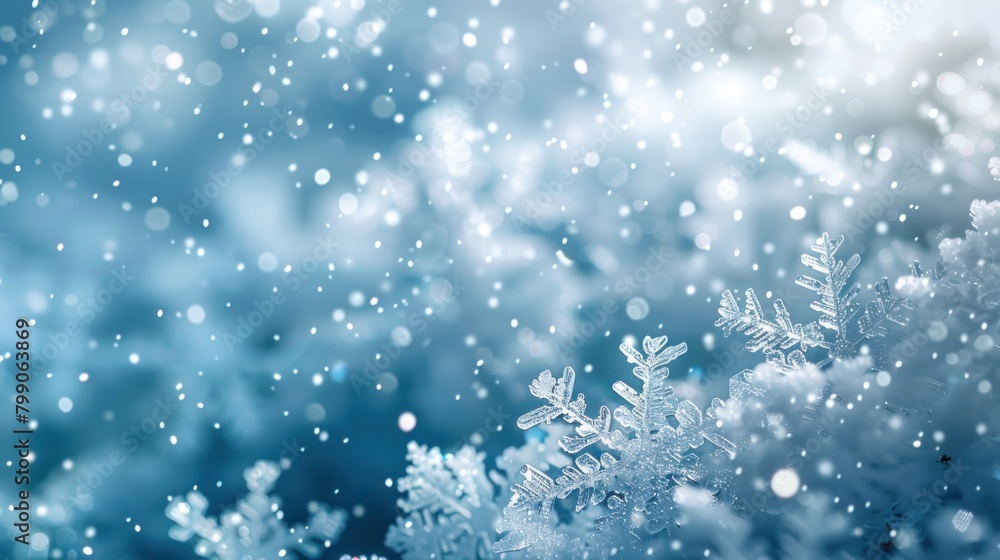 Close-up photo of intricate snowflakes with a sparkling bokeh effect on a blue background.