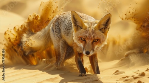 Craft an image depicting a desert fox stealthily making its way across the sandy terrain