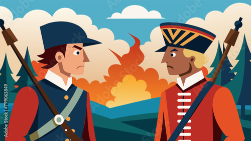 A tense scene as actors portraying British and American soldiers come face to face on the battlefield during the Battle of Bunker Hill.. Vector illustration