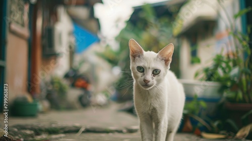 White cat walking through narrow passage photo