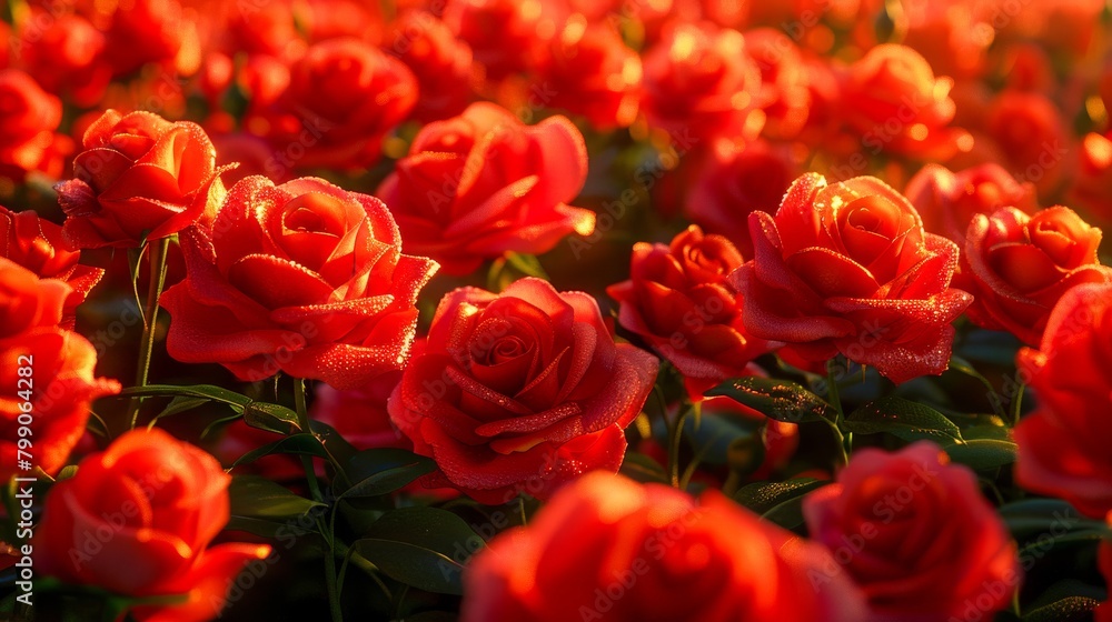 Field of red roses in the morning sun