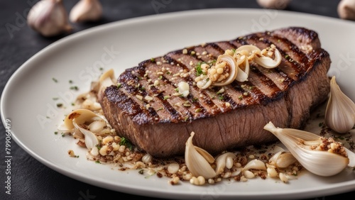 Steak with finely chopped fried garlic.
