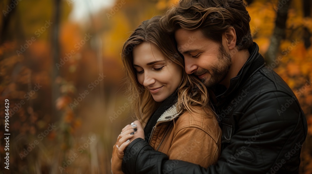 Couple embracing in an autumn forest, a moment of tenderness and connection Couple embracing in an autumn forest, a moment of tenderness and connection