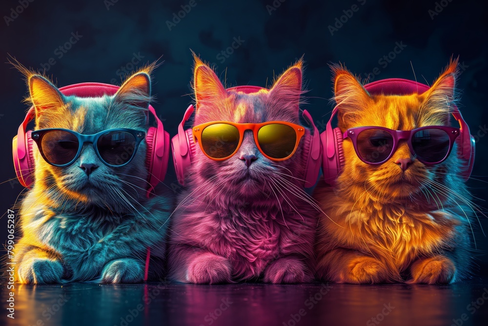 Fototapeta A group of three cats of different colors wearing headphones and sunglasses on a dark background. Animal theme.
