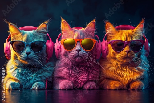 A group of three cats of different colors wearing headphones and sunglasses on a dark background. Animal theme.