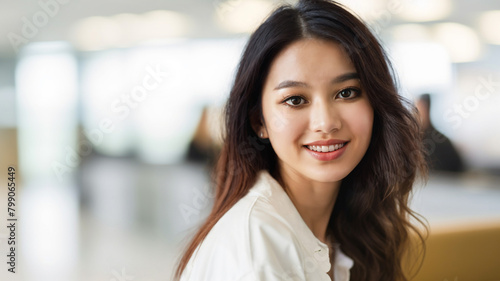 Daily life of young adult woman, 20s, in office in meeting room, internship semester or job, at work or vocational training, indoor, light interior, multi-ethnic or american asian