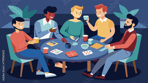 Male bonding at its finest as friends gather around a coffee table for a night of card games and snacks..