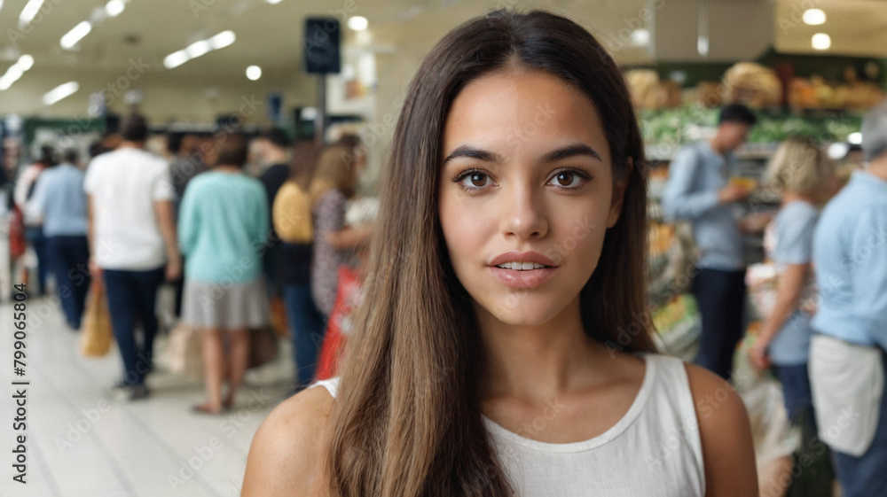 in the supermarket, grocery store, customers between the product shelves while shopping, queue at the checkout, young adult woman, girl in the supermarket, grocery store, customers between the product shelves while shopping, queue at the checkout, young adult woman, girl