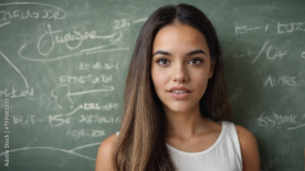 Student standing in front of a blackboard, young adult woman, girl, wearing summer tank top, brunette, puzzled or horrified and skeptical and critical of it Student standing in front of a blackboard, young adult woman, girl, wearing summer tank top, brunette, puzzled or horrified and skeptical and critical of it
