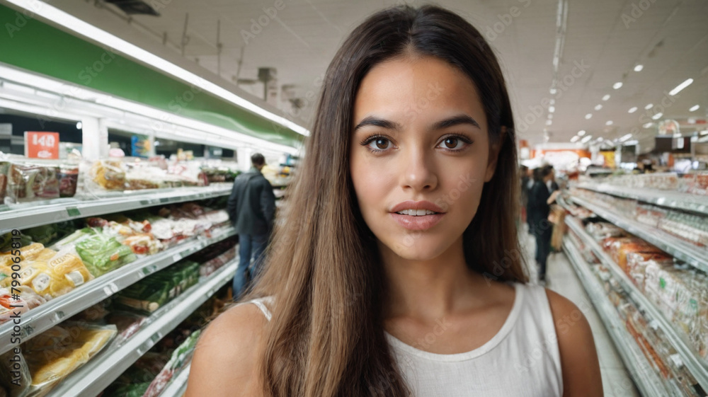 in the supermarket, groceries store, customers between the product shelves while shopping, young adult woman, girl, wearing summer tank top in the supermarket, groceries store, customers between the product shelves while shopping, young adult woman, girl, wearing summer tank top