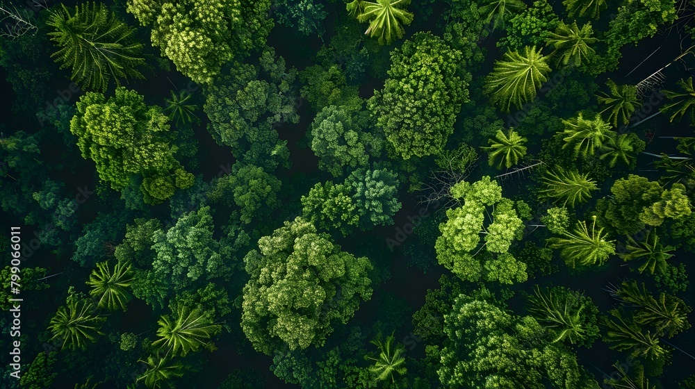 Aerial top view green forest and green trees in rural Altai, Drone photo