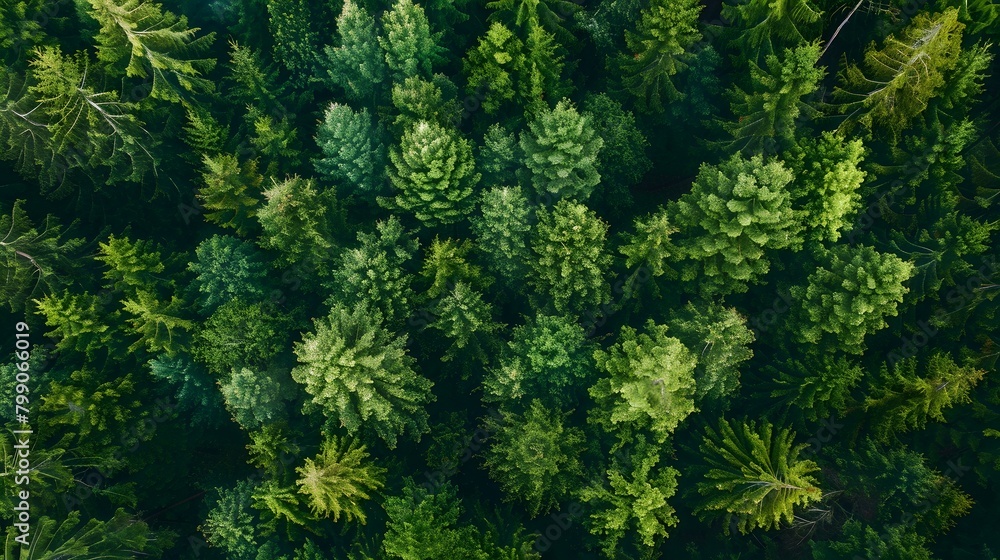 Aerial top view green forest and green trees in rural Altai, Drone photo