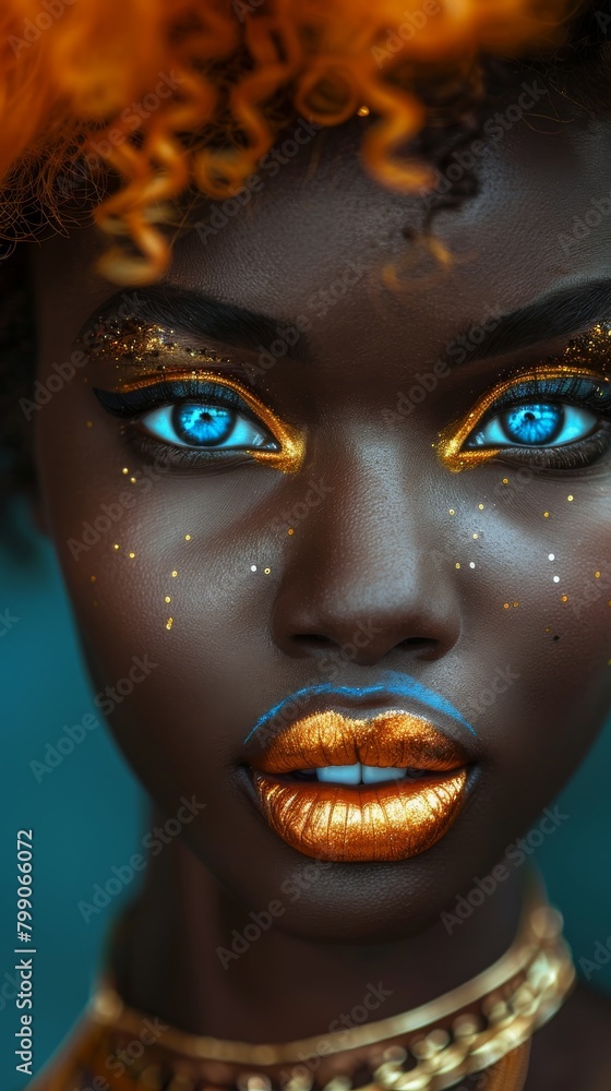 Striking close-up portrait highlighting vibrant blue eyeshadow and gold lips