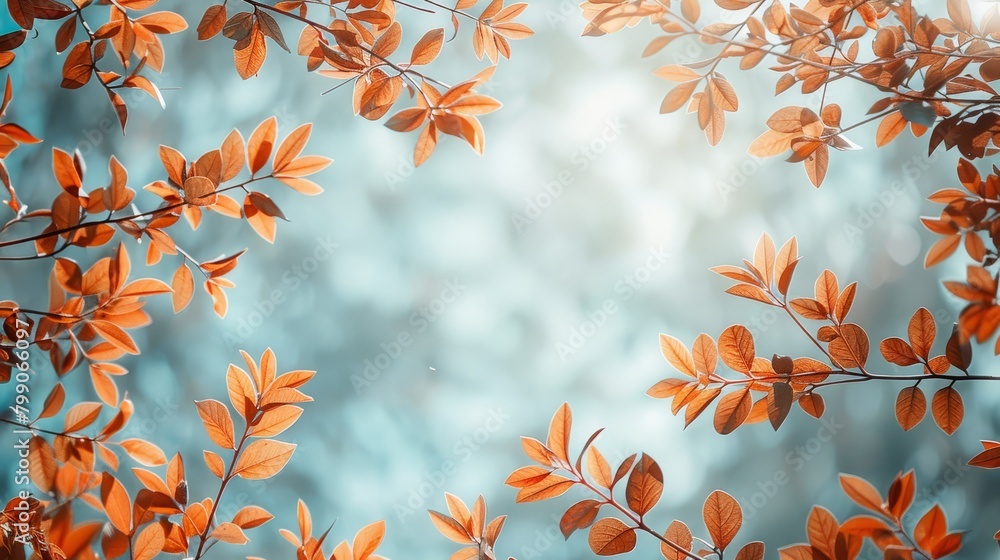 An orange-leafed tree branch against a hazy blue backdrop of sky and clouds An orange-leafed tree branch against a hazy blue backdrop of sky and clouds