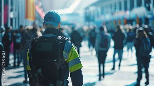 Crowd ControlCapture a security guard managing a crowd at a large event or venue, guiding people through checkpoints, enforcing safety protocols, and diffusing potential conflicts with calm authority photo