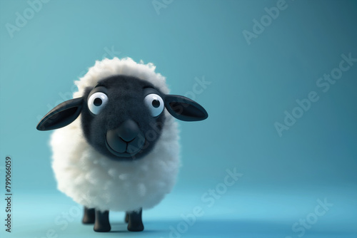 3d cute black sheep with white wool, space for text photo