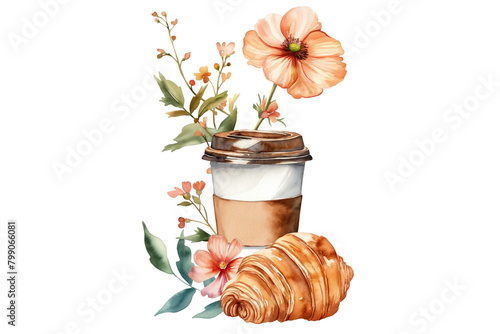 Coffee in paper cup and croissant watercolor illustration on white background. Morning, breakfast photo