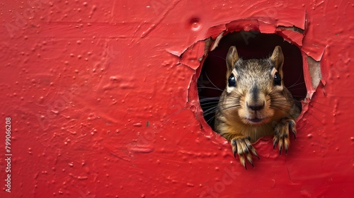 A squirrel peeks through a torn red backdrop. photo