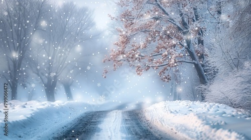 Ethereal winter wonderland with frosty trees and gentle snowfall in a tranquil forest