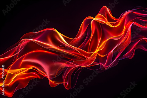 Bold red and orange neon waves. Fiery abstract art on black background.