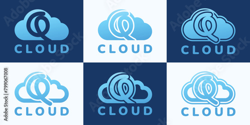Set of letter Q blue cloud logo. This logo combines letters and cloud shapes. Suitable for internet companies, apps, digital storage and the like.