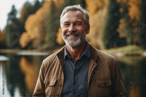 Älterer Mann lächelnd in einem Herbstwald, umgeben von goldenen Blättern und einem See im Hintergrund photo