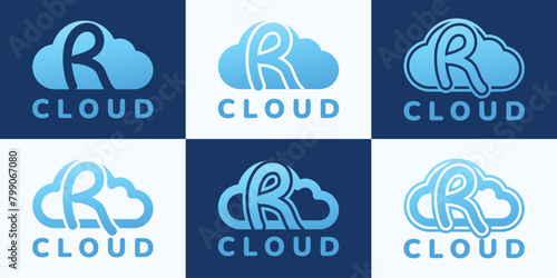 Set of letter R blue cloud logo. This logo combines letters and cloud shapes. Suitable for internet companies, apps, digital storage and the like.