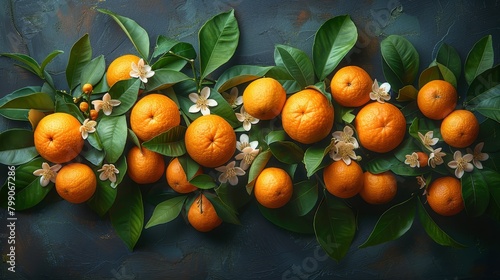   A cluster of oranges against a black backdrop, adorned with green leaves and flowers; a blue wall recedes in the background photo