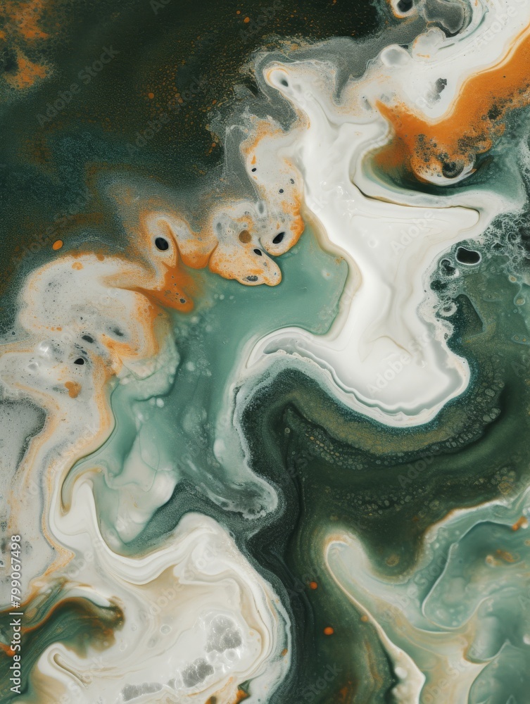 Abstract image with a beautiful blend of colors creating a marble or fluid art effect with green, white, and golden hues dominating the palette