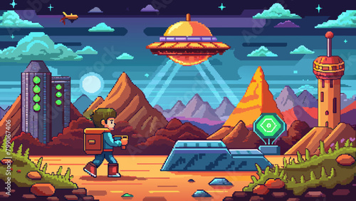 Pixelated Retro Adventure Game Scene, Retro Arcade game Round, Platformer Game Vector