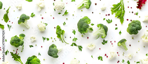 Decorative composition of appetizing pieces of broccoli and cauliflower on white surface. Decorative still life photo