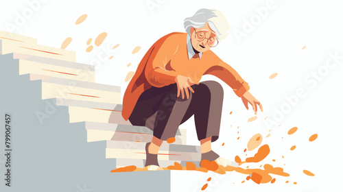 Old woman falls down stairs. Senior lady stumbling