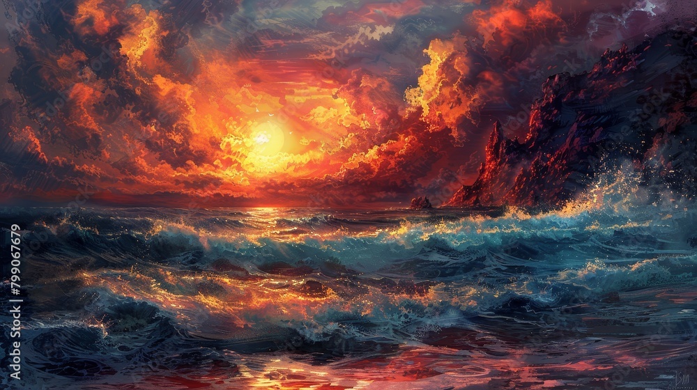 Craft an image depicting a dramatic sunset seascape