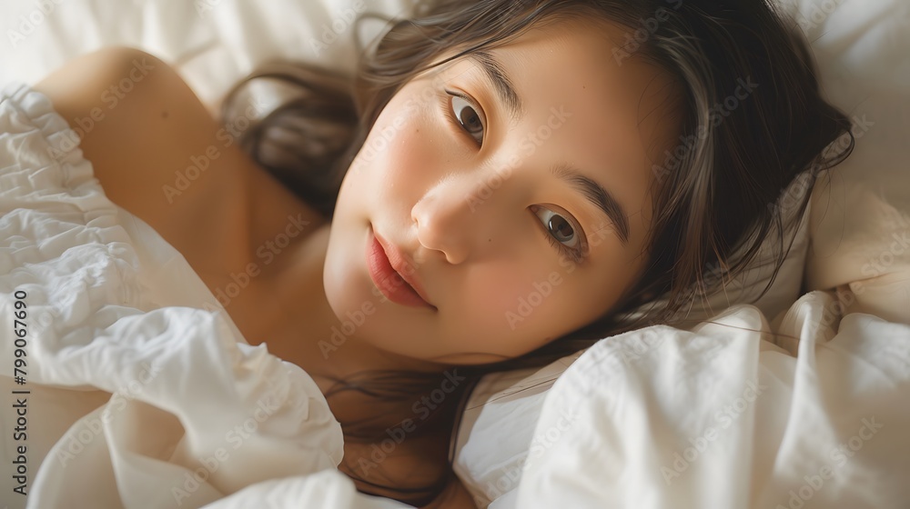 ベッドに寝転ぶ女性 ベッドに寝転ぶ女性