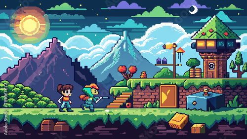 8-Bit Pixel Adventure Game Scene, Retro Arcade Game Round, Platformer Game Vector	
