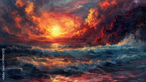 Craft an image depicting a dramatic sunset seascape #799067679
